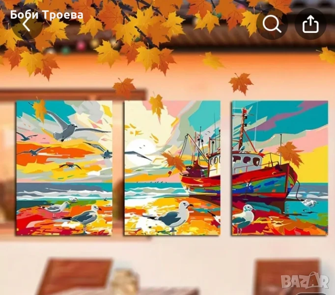 Морска сцена  риболовен катер и чайки на фона на спокойно море, снимка 1