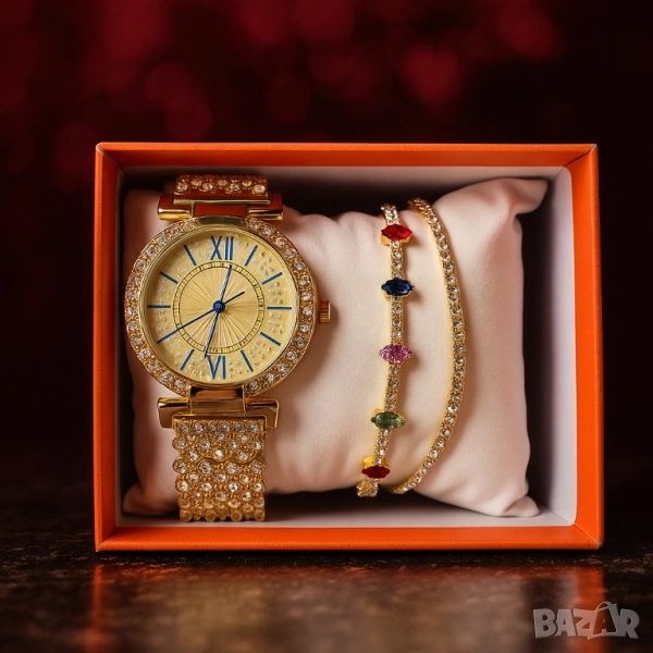 Дамски комплект 3-в-1: Елегантен часовник с две гривни в подаръчна кутия, снимка 1