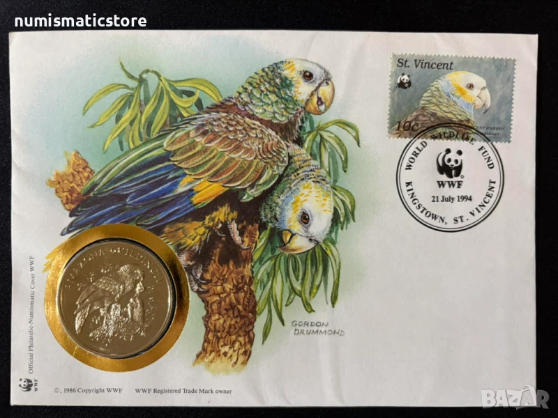 Сейнт Винсент и Гренадини 1986 - Гулдова амазона , папагал - 30 години WWF медал – Numisbrief, снимка 1