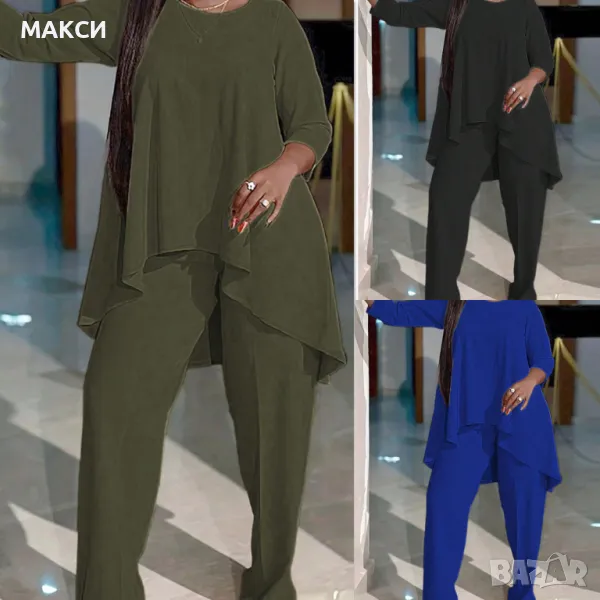 Ежедневен клоширан еластичен костюм - туника с удължен гръб и долнище с ластична талия в маслено з, снимка 1