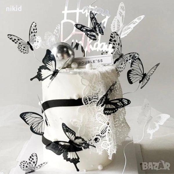 3D 12 бр pvc Черно бели самозалепващи пеперуди декорация за стена мебел торта, снимка 1