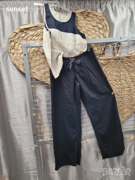 ЛЕНЕН черен панталон широки и прави крачоли- М/L+ ЛЕНЕН потник, снимка 1