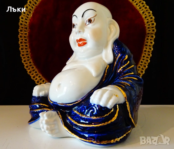 Буда китайски порцелан,кобалт,24 карата злато,печат. , снимка 3 - Статуетки - 51695391
