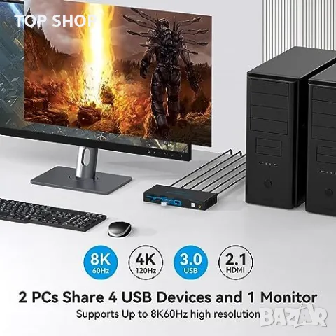 Нов превключвател за 2 компютъра Споделят 1 монитор и 4 USB 3.0 Аксесоар лаптоп част Хъб, снимка 2 - Друга електроника - 49451182