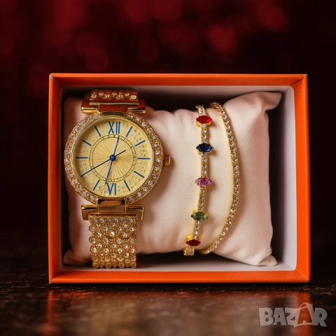 Дамски комплект 3-в-1: Елегантен часовник с две гривни в подаръчна кутия