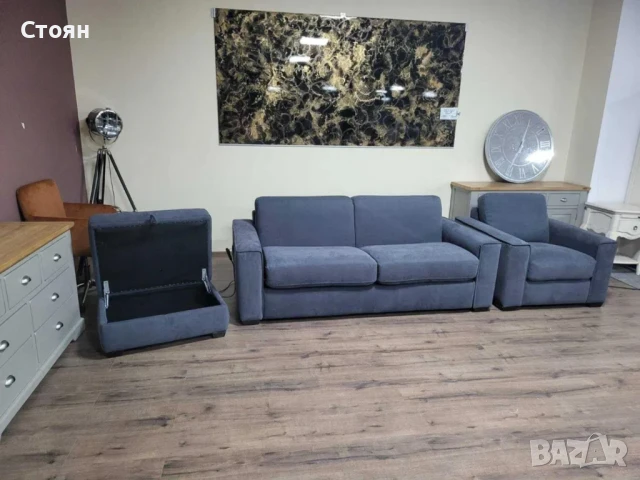 Сив комплект от плат диван тройка с функция сън, фотьойл и табуретка, снимка 9 - Дивани и мека мебел - 50886943