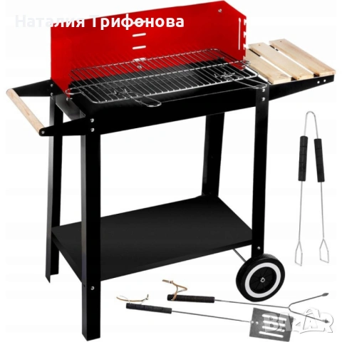 Градинско барбекю на колела, емайлирана стомана, 4 степени + Подарък 3 прибора, снимка 7 - Барбекюта - 53403498