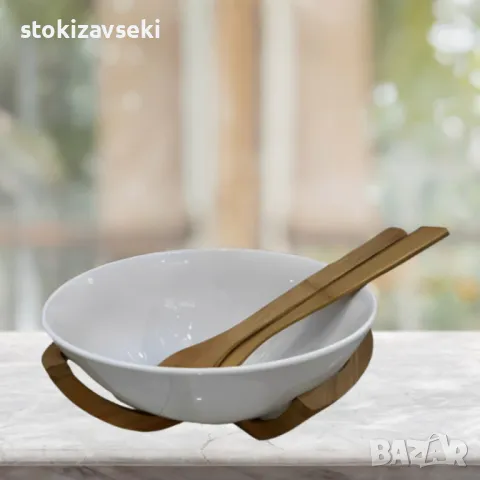 Луксозен комплект за салата с керамична купа и дървени аксесоари, снимка 1