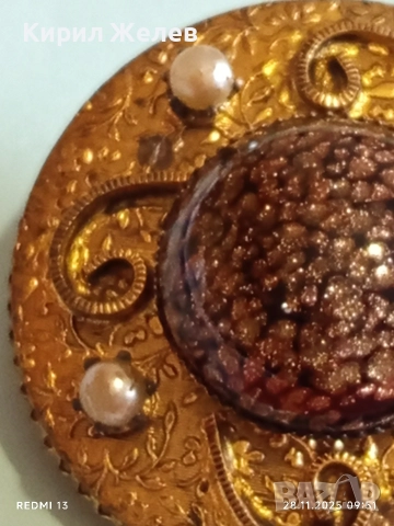 Винтидж брошка с централен СЛЪНЧЕВ камък АВАНТЮРИН и перлени акценти 26093, снимка 3 - Други - 52569958