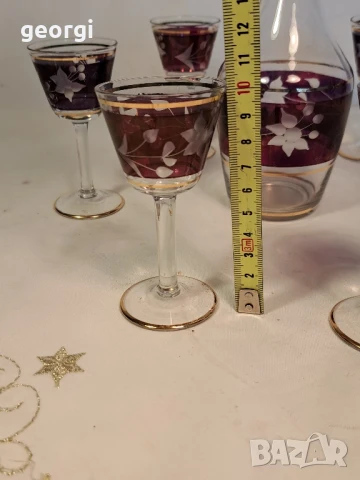 ретро сервиз за ракия цветно гравирано стъкло със златен кант, снимка 7 - Чаши - 50723370