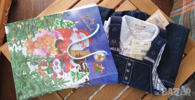 Комплект риза с дълъг ръкав и дънков гащеризон с подплата Grain De Ble, снимка 2 - Комплекти за бебе - 43447741