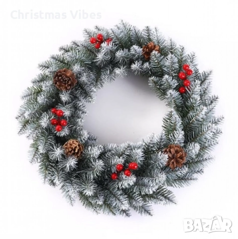 Голям коледен венец, декориран с изкуствени елхови шишарки, 50см.