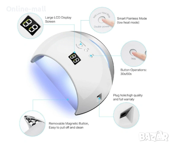 Професионална UV/LED Лампа за Маникюр Sun6 – 48W, Двойна светлинна технология, Магнитно дъно и Смарт, снимка 3 - Продукти за маникюр - 53244214