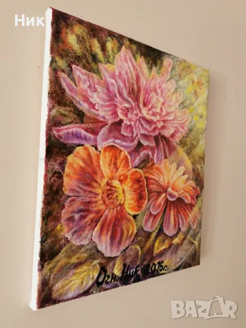 Картина върху платно с маслени бои " Божур " цветя, латинка, хризантема, слънчеви лъчи, живопис , снимка 4 - Картини - 49067456