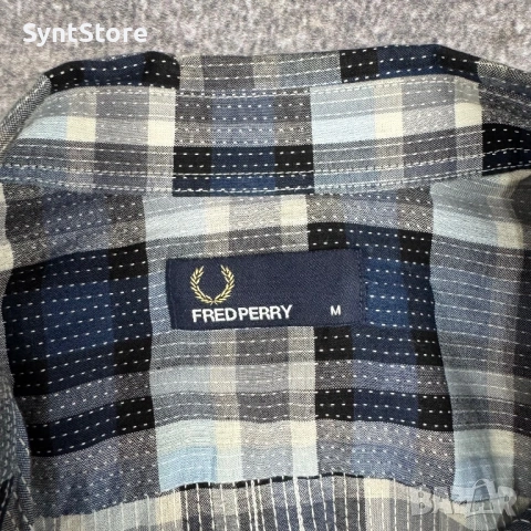 Мъжка карирана риза Fred Perry Размер M Синьо Сиво, снимка 3 - Ризи - 53301344