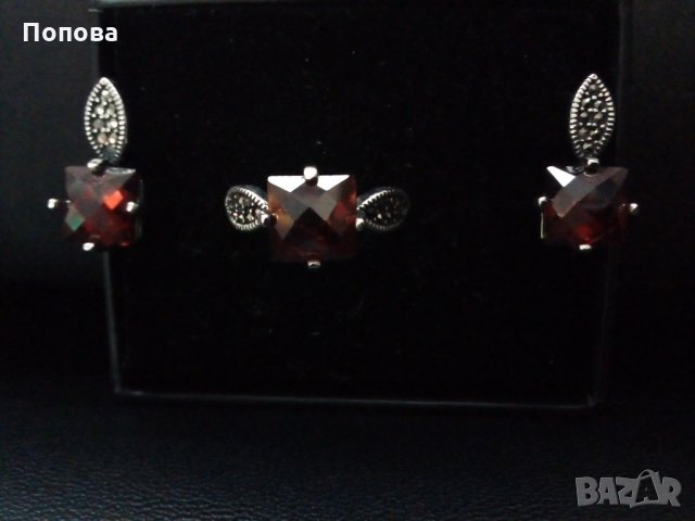 Сребърен комплект  с гранат и марказити/обеци и пръстен /, снимка 4 - Бижутерийни комплекти - 28318555