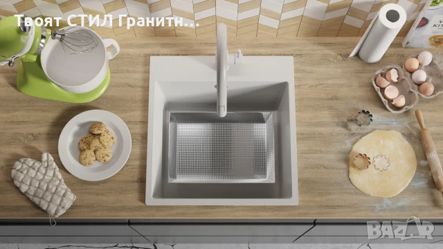 Бяла кухненска мивка от гранит Рига 50 XL 480 x 500 мм, снимка 4 - Мивки - 50846649