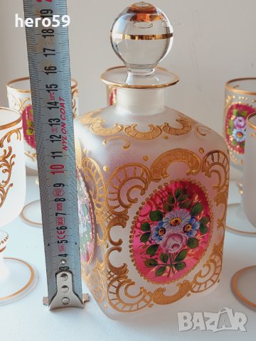 Мозер,Бохемия, рисуван  кристал -бутилка и 5 чаши, снимка 8 - Чаши - 43290181
