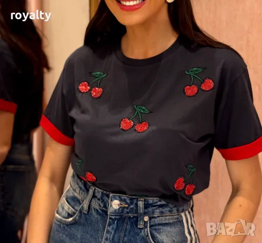 Памучни дамски тениски с черешки Различни цветове , снимка 5 - Тениски - 50411642