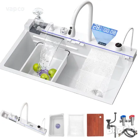 Модерна бяла мултифункционална кухненска мивка с двоен водопад, снимка 4 - Мивки - 47745954