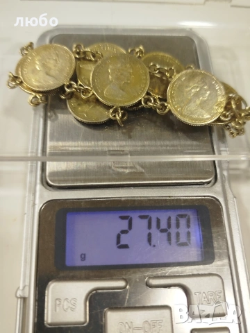 Сребърна Гривна От  Монети 0,800 Във Златно Покритие , снимка 2 - Гривни - 53507654