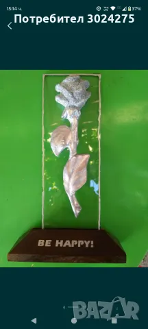 Сребриста роза на стъклен фон с дървена стойка