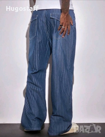 Нови baggy дънки райета сини Casual Loose Fit Jeans панталони карго Л/34, снимка 2 - Дънки - 53115043