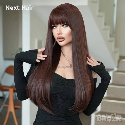Дълга права тъмно кафява перука с бретон 75 см, снимка 3 - Аксесоари за коса - 52897532
