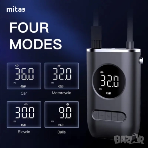 Преносим компресор за помпане на гуми - Type-C, 150PSI, 4000mAh, LED, снимка 9 - Аксесоари за велосипеди - 44894393