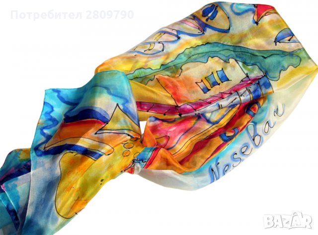 Оригинален копринен шал с градски мотиви на червена лодка в пристанището на Несебър / Original Scarf, снимка 3 - Шалове - 34758777