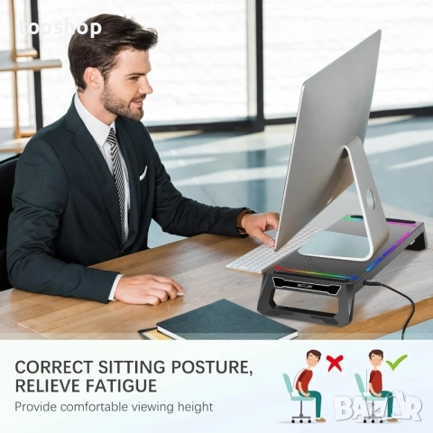 Чисто нова Стойка за монитор MOOJAY S57 за настолни RGB геймърски светлини с 4 USB 3.0 хъба..., снимка 6 - Друга електроника - 51572487