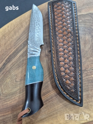Ловен нож дамаска VG10 стомана,уникална дръжка и кожена кания,LN436, снимка 7 - Ножове - 52950791