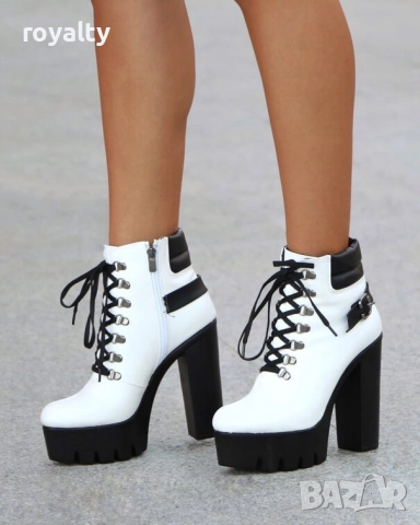 Боти на ток - бяла кожа с черно ходило, снимка 2 - Дамски боти - 52162393