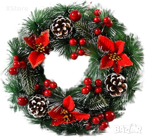 Коледен венец за декорация с шишарки и изкусветни коледни звезди, снимка 5 - Декорация за дома - 52440561