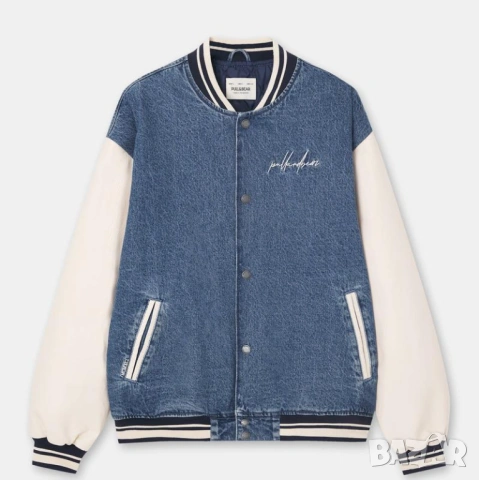 Мъжко пилотско яке от деним с ръкави от еко кожа Pull&Bear, XL