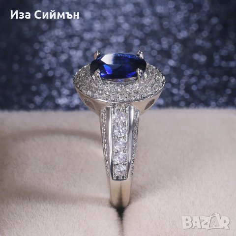 Сребърен пръстен със сапфир и австрийски кристали, снимка 2 - Пръстени - 32502606