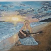 Картина " С китара край морето " - акрилни бои, снимка 1 - Картини - 41159789