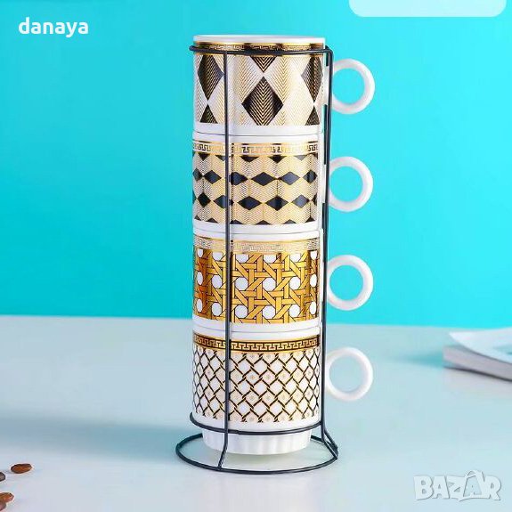 4311 Комплект чаши на метална стойка Златисти орнаменти, снимка 1