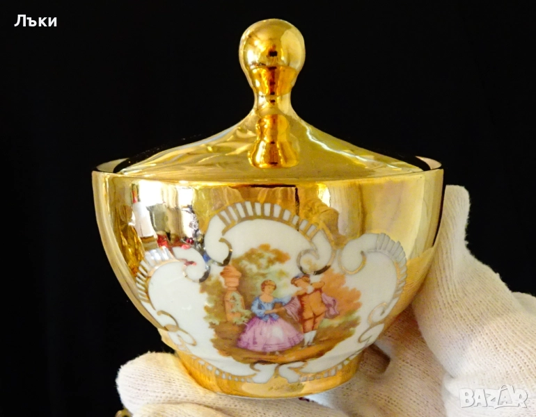 Захарница баварски порцелан,злато,картина,200 мл. , снимка 1