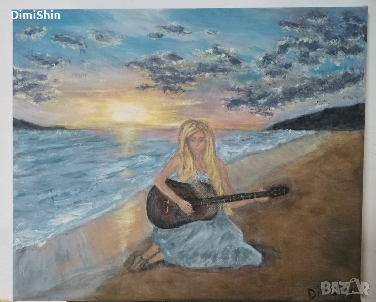 Картина " С китара край морето " - акрилни бои, снимка 1