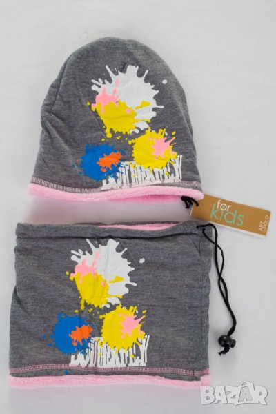 Детски сив комплект шапка и шал с цветна щампа Art of Polo, снимка 1