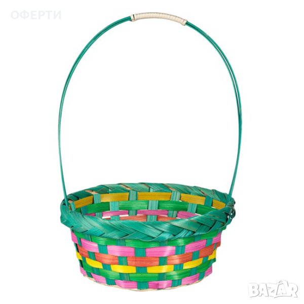 Великденска декоративна кошница с бамбукова дръжка на ивици в зелен цвят Ø19x8см, снимка 1