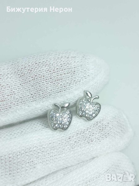 Сребърни обеци ябълки с циркони на щифт, снимка 1
