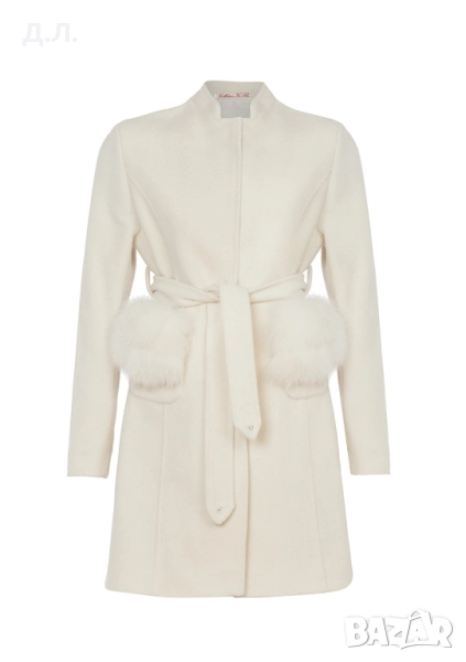 Дамско бяло палто с колан и естествен косъм Collection Ka Bo, снимка 1