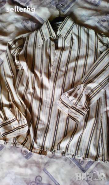 Бяла риза с вертикални цветни ивици размер М, дълги ръкави, снимка 1