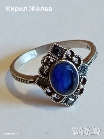 Сребърен пръстен с САПФИР повлиян от Викторианската епоха стил Арт Деко филигранна изработка 43320, снимка 7 - Пръстени - 53040875