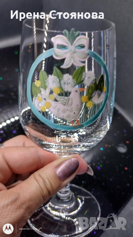 Комплект от уникални, ръчно  рисувани, тънкостенни, кристални чаши за вино. Декор птици, снимка 10 - Чаши - 44890964
