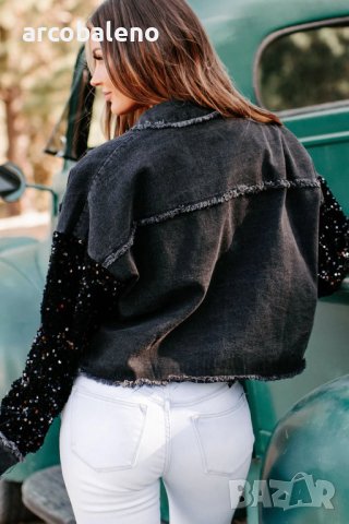 Дамско късо дънково яке с пайети, снимка 5 - Якета - 43662340