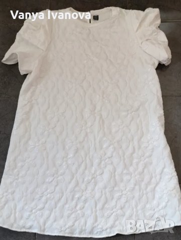 Shein  бяла рокля с релефни цветя и френски  ръкав, снимка 3 - Рокли - 50045343