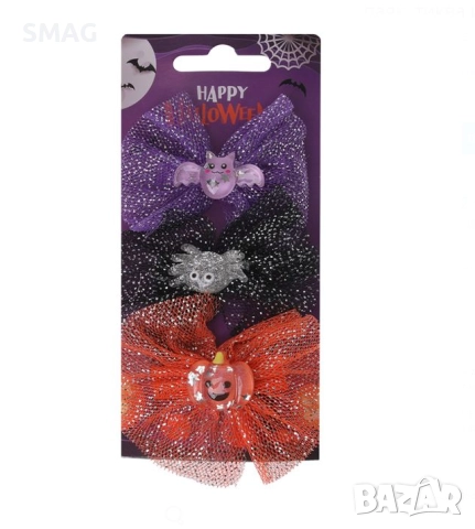 Halloween / Хелоуин фиби за коса с панделки, тюл, паяк, тиква и прилеп с брокат – 7 см_1255385, снимка 3 - Шноли, диадеми, ленти - 52099917